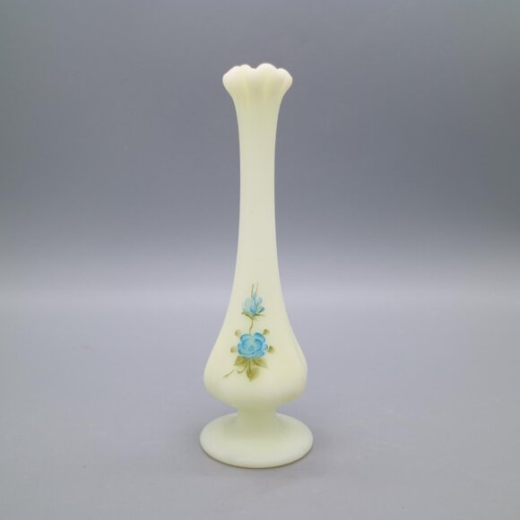 Fenton Yellow Satin Custard Glass Hand Painted Bud Vase Blue Satin Roses Signed - Picture 2 of 9